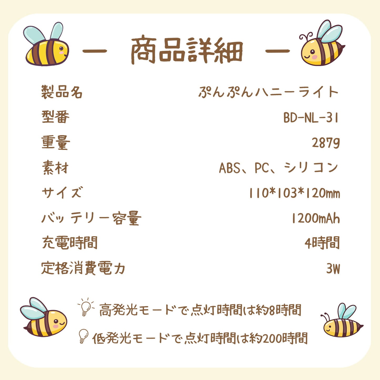 ぷんぷんハニーライト ハチ型ナイトライト USB充電式 TRD
