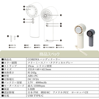 COREWA Peltier Handy Cooler, Handy Fan, Cooling Plate, Lightweight, Mobile Battery, USB Type-C, Compact, PSE Certified, Heat Protection, Beige, Gray, SHOKAI 